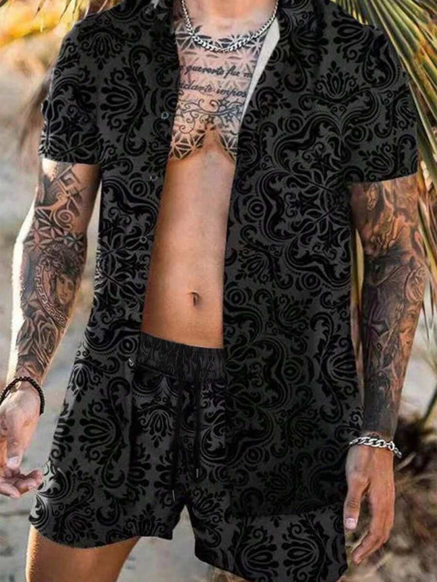 1 conjunto de ropa casual deportiva para hombre, camisa polo con estampado todo sobre y shorts para vacaciones de verano en la playa, hawaiana - Negro - Ver 1
