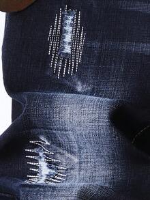Pantalones vaqueros rasgados elásticos para hombre, pantalones ajustados de mezclilla bordados, pantalones desgastados de corte entallado para hombre - 1932-3 Azul oscuro - Ver 4