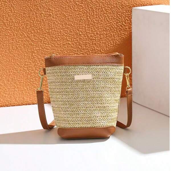 Neue Strohtasche, modische geflochtene Shopper, leichte Strandtasche, lässige Handytasche, einfaches, einzigartiges Design Schulterweidetasche, beliebte geflochtene Handytasche, beige Farbe mit braunem Kontrastfarbener Handtasche, Sommer 2025 neue geflochtene Schultertasche