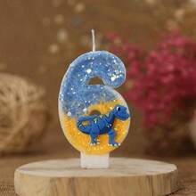 1pc Blue Dinosaur Numeral Candle, Cake Numeral Glitter Candle, Dinosaur Theme Birthday Party Jurassic Jungle Theme Cake Hat Anniversary Party Decor, Halloween, Ghost, Autumn, Holiday, Winter, Holiday, Festival, Room Decor, Gift, Birthday Candle, Birthday Decor, Happy Birthday, Cake Candle, Room Decor