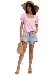 VERACT Women's Square Neck Ruffle T Shirt Summer Casual Basic Short Sleeve - Striped Pink - View 5