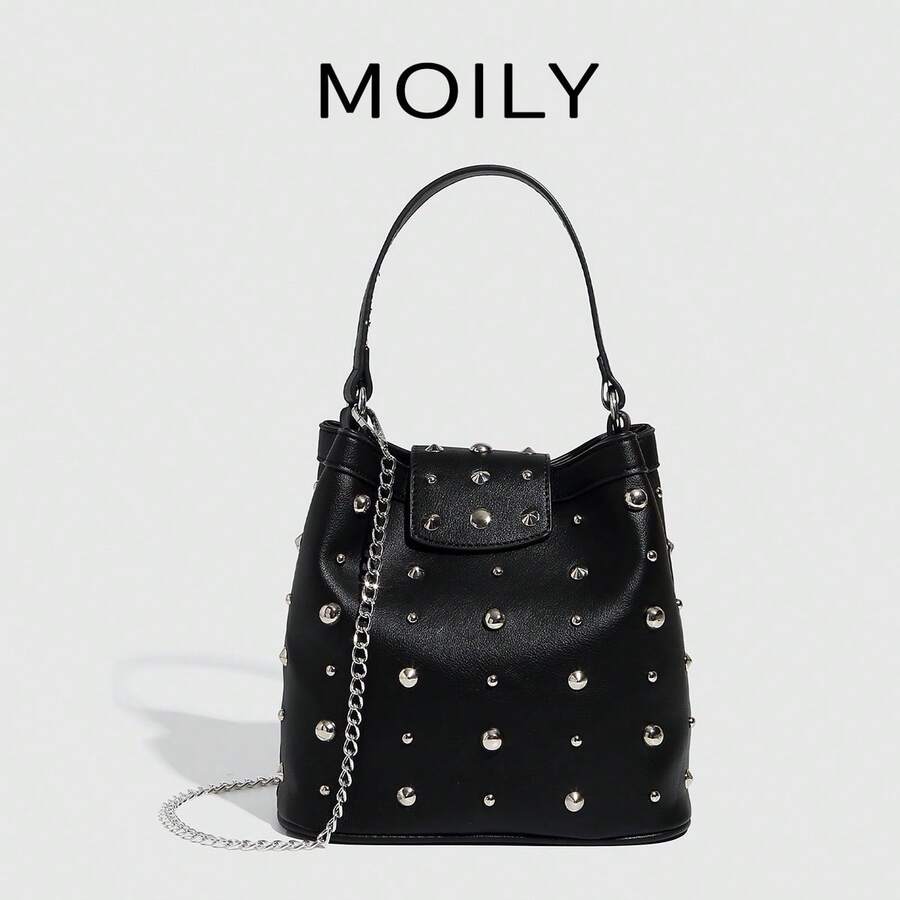 European And American Street Style One Shoulder Underarm Bucket Bag, Rivet Bag - White - View 1