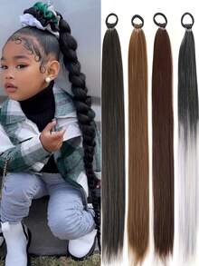 Elegant Yaki Straight Braided Ponytail Extension For Kids | Versatile Hairpiece In Brown, Black 1pc - Natural Black - View 2