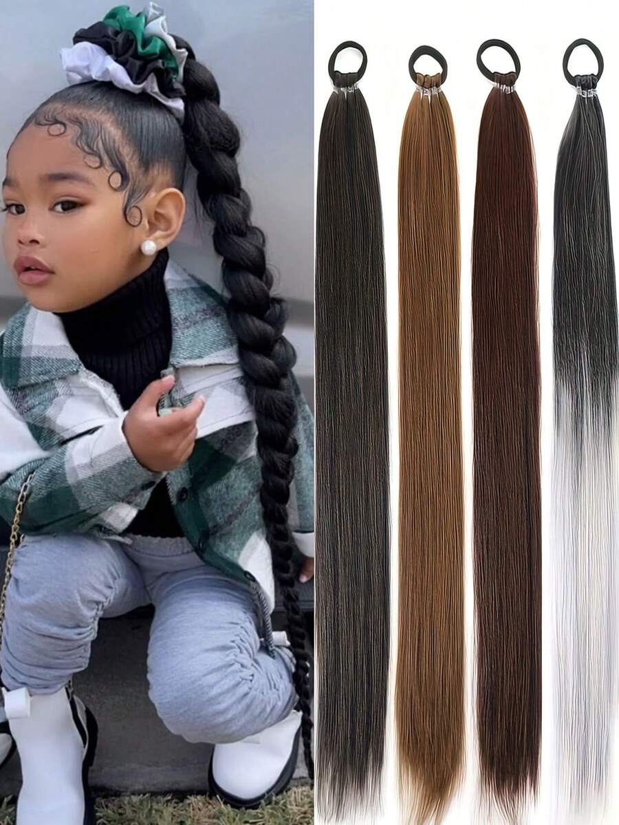 Elegant Yaki Straight Braided Ponytail Extension For Kids | Versatile Hairpiece In Brown, Black 1pc