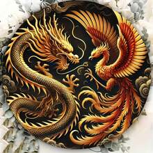 1 pieza Placa metálica redonda con diseño de Dragón y Fénix - Decoración de pared imaginativa para la cueva de hombres, el hogar, el jardín, la terraza, el bar, la decoración de la habitación