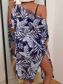 New Vacation Style Women's Maple Leaf Printed High Waisted Mesh Jacket Triangle Slimming Bikini Swimsuit Set Three Piece Set - Màu xanh lam - Xem 2