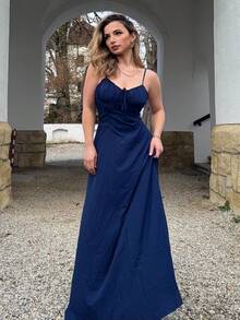 Jeta Ari Women's Summer Vacation Fish Bone Yellow Extra Long Ruffle Dress,Summer Dresses For Women - Navy Blue - View 6