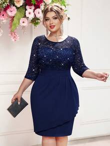 亮片花卉蕾丝撞色荷叶边裹身下摆晚会商务工作紧身连衣裙，优雅半正式婚礼宾客礼服，适合生日、毕业典礼、晚宴、返校节、鸡尾酒会 - 藏蓝色 - 查看 5