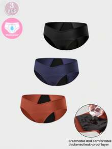 3pcs Women's Leak-Proof Menstrual Underwear, Solid Color Simple Breathable Panties - Multicolor - View 6