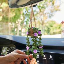 1pc Crochet Plant Decor, Boho Handmade Car Rear View Mirror/Room Hanging Accessory, Suitable For Women & Girls, Green Car Interior Aesthetic Decor, Truck Hanger Ornament Charm For Men - Multicolor - View 8