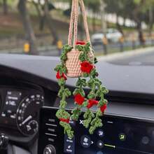 1pc Crochet Plant Decor, Boho Handmade Car Rear View Mirror/Room Hanging Accessory, Suitable For Women & Girls, Green Car Interior Aesthetic Decor, Truck Hanger Ornament Charm For Men - Multicolor - View 14