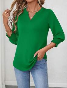 LOMON Women's 2025 Fashion Tops 3/4 Length Sleeve Business Casual Blouses Summer Tees Shirts - 綠色 - 查看 2
