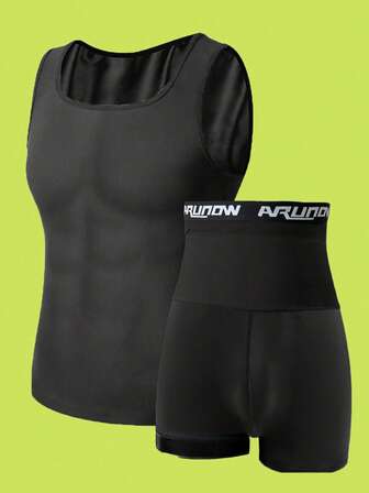 ARUNOW Conjunto de Traje de Sauna para Hombres: Camiseta de Compresión sin Mangas y Pantalones Cortos, Capa Base para Entrenamiento en la Parte Inferior, Accesorios de Gimnasio Europeos para Fajas Reductoras de Vientre, Fajas Lumbares para Corsé Reductor de Vientre