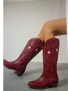 Women's Mid-Calf Western Style Boots With V-Cut Embroidered Printed Decor, Pointed Toe Chunky Heels, Over-The-Knee Cowboy Boots, Burgundy