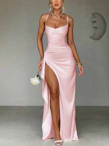 Elegant Sexy Satin Frill Trim Waist Party Dress, Bridesmaid Dress, Formal Gown - Pink - View 3