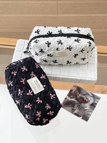 1 Túi đựng đồ trang điểm mini họa tiết nơ cho nữ, túi đựng cọ mỹ phẩm du lịch nhỏ, túi đựng đồ trang điểm gấp gọn thời trang, chất liệu vải có khóa kéo, kiểu dáng ngọt ngào, dễ thương - Nhiều màu - Xem 4