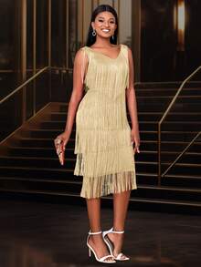 فستان نسائي بياقة على شكل حرف V بدون أكمام وبتصميم الشراريب متوسط الطول، مناسب تماماً للأعراس، ضيوف الزفاف، حفلات الحمام العروس، حفلات العزوبية، العطلات، أعياد الميلاد، التخرج، الحفلات الراقية، عيد العودة إلى المنزل، وليلة رأس السنة