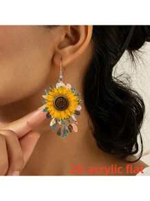 1 paire Boucles d'oreilles pendantes élégantes en acrylique motif tournesol pour femme, délicates boucles d'oreilles pendantes florales, légères et à la mode, double face, couleurs vives, style bohème, cadeau raffiné pour femme, festivals, été