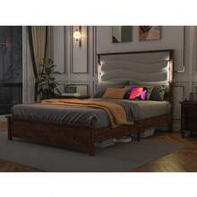 Queen Size Bed Frame With Upholstered Headboard, Queen Bed Frame With Charging Station And LED Lights, Wood Slats, Beige Linen,  No Box Spring Needed, Easy Assembly-1021 - Nhiều màu - Xem 3