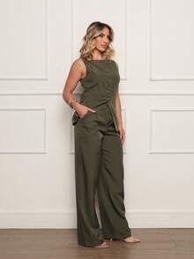 Laris Women's Tailored Work Set: Button-Down Blouse And Dress Pants - 軍綠色 - 查看 4