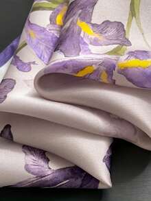 1条方形丝巾，女士缎面印花发带，头巾，时尚女士发带，披肩，围巾，女士领巾，头巾 - 紫花 - 查看 3