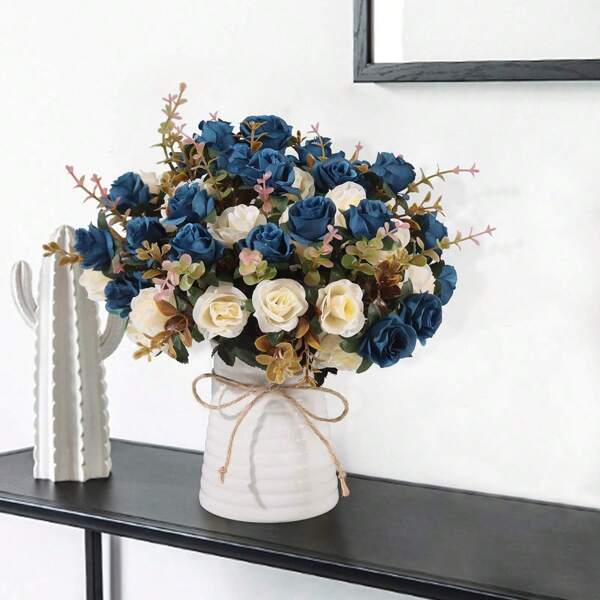 2Pcs/1Pc/Bunch Artificial Roses Flowers 13" Plastic Eucalyptus Bouquet Autumn Decorations Blue Artificial Flower Fake Plants Valentine's Day Vase For Home Wedding Decor Outdoor Garden Wedding Bouquet Living Room DIY Garland Household Products(Random Flower Heads 10/12pcs)