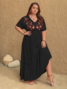 Rusttydustty Boho Kleid in Große Größen mit orangefarbener Blumenstickerei und Pailletten, perfekt für Ostern, Strand, Hawaii-Musikfestival und tropischen Urlaub - Schwarz - Übersicht 5
