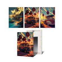 1 pieza Impresiones y carteles de arte de pared con opción de marco - Escenas naturales de viaje con vista al mar, pueblo costero, coches - Decoración de arte de lienzo para la sala de estar del hogar - Cuadros de pared - Regalos