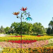 Large Stainless Steel Wind Up Metal Flower Butterfly Windmill - 3 Rotating Colourful Flowers & Butterflies, Weather Resistant Outdoor Patio Art Decoration For Deck, Patio, Patio Decoration, Whimsical Designs