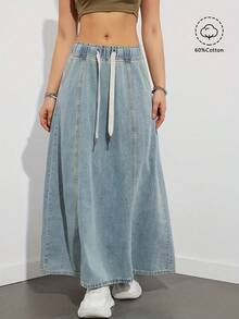 US Design Style, Elastic Waist Light Blue Denim A-Line Skirt, Women Casual Loose Skirt, Fashionable Spring/Summer - Light Wash - View 1