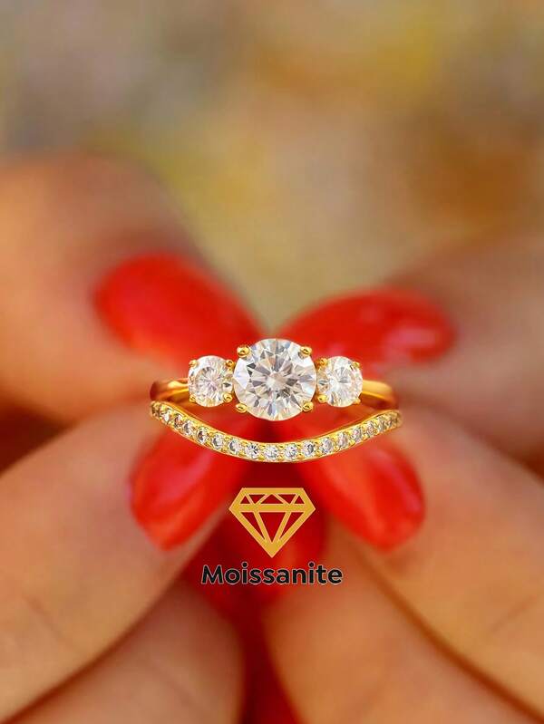 2Pcs/Set 1ct 3 Diamonds Round & Single Row Design Colorless Moissanite Diamond 2 In 1 Double Rings Set Ladies Engagement Ring S925 Sterling Silver Simple Romantic Couple Ring Eternity Ring Wedding Anniversary Ring Luxury Jewelry Gift