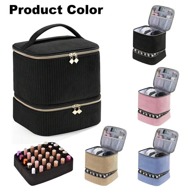 Estuche de maquillaje de terciopelo acanalado, organizador de esmalte de uñas que sostiene 30 botellas (15ml/0.5 Fl.Oz), almacenamiento de esmalte de uñas de doble capa con divisores ajustables, bolsa portátil de esmalte de uñas para gel, lámpara de uñas y herramientas de manicura, esenciales de viaje, vacaciones, verano, vuelta al colegio, bolsa para la escuela, bolsa de viaje para mujeres, bolsa de maquillaje para viajes