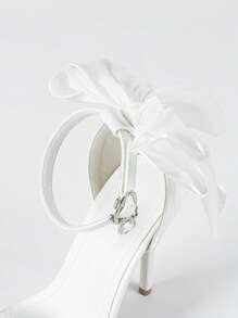 Women's White Glitter Bow Decor Strap Open Toe Super High Thin Heel Sandals, Elegant & Exquisite Leather Heels For Wedding, Party, Spring/Summer