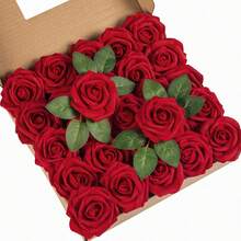 25Pcs Artificial Roses Flowers Fake Roses With Stems Real Touch Foam Flowers For DIY Wedding Bouquet Baby Shower Centerpiece Floral Arrangement Party Home Decor(Dark Red) - Dark Red - View 1