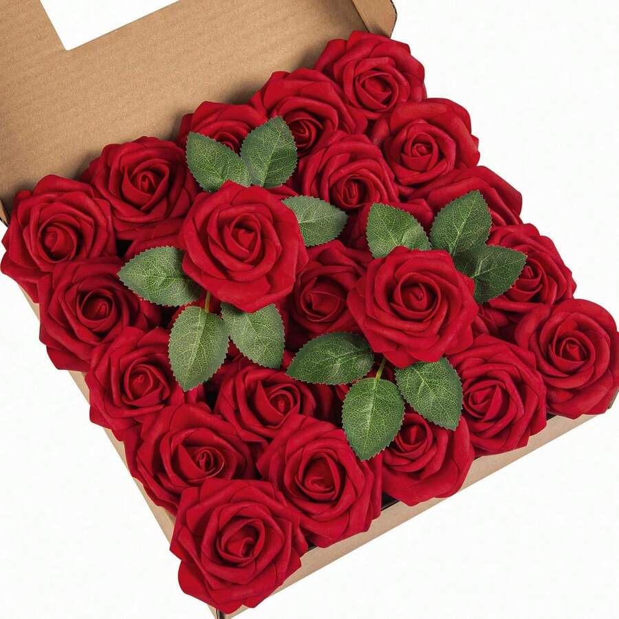 25Pcs Artificial Roses Flowers Fake Roses With Stems Real Touch Foam Flowers For DIY Wedding Bouquet Baby Shower Centerpiece Floral Arrangement Party Home Decor(Dark Red) - Dark Red - View 1