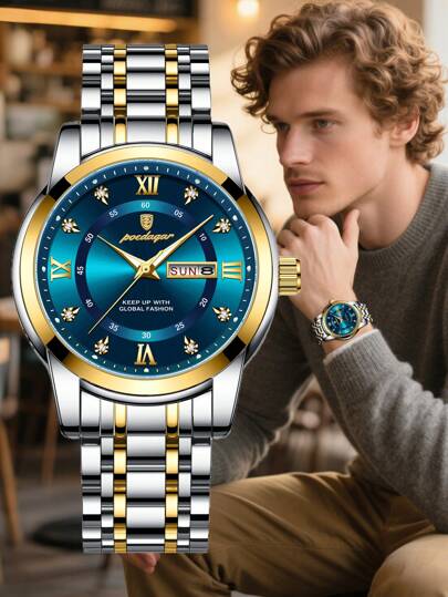 POEDAGAR 1pc Business Men Quartz Dual Date Stainless Steel Wrist Watches, Waterproof Luminous Man Wristwatch, Luxe Horloge Work Occasions, view 11