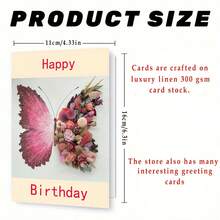 1pc Beautiful Floral & Butterfly Happy Birthday Greeting Card,School Supplies,Back To School