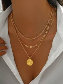 3pcs/Set Coin Pendant Necklaces, Layered Twisted Chain For Daily Wear, Jewelry For Women - Embossed Gold Coins - View 2