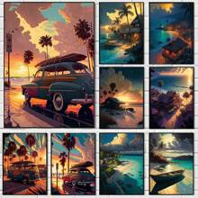 1 pieza Impresiones y carteles de arte de pared con opción de marco - Escenas naturales de viaje con vista al mar, pueblo costero, coches - Decoración de arte de lienzo para la sala de estar del hogar - Cuadros de pared - Regalos