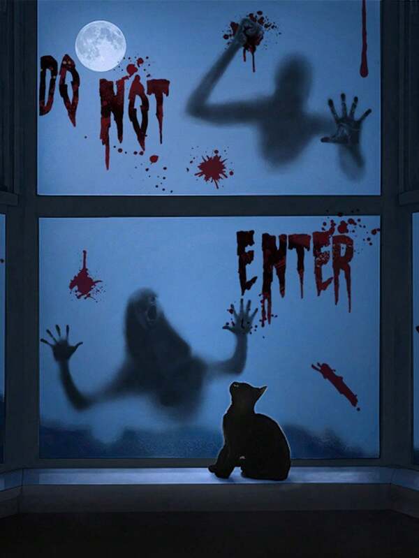1Pc Halloween Horror Bloody Window Sticker – Scary Shadow Figure And Bloody Handprint Cling Decal, Removable PVC Wall Decoration For Glass Doors, Bathroom, Haunted House Party Decor, Indoor Outdoor Halloween Decoration Home Decor Fall Decor Room Decor