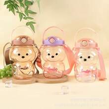 1000ml Cute Bear Water Bottle With Lock Lid & Strap - Leakproof PC Travel Cup For Kids & Adults - Cartoon Tumbler For School, Gym, Outdoor