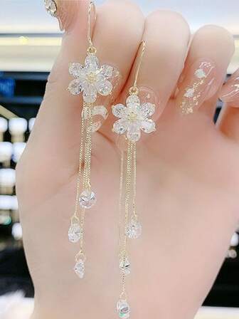 זוג 1 עגילי פרח סגולים בסגנון קוריאני, עגילים תלויים ארוכים ואלגנטיים באופנה חדשה