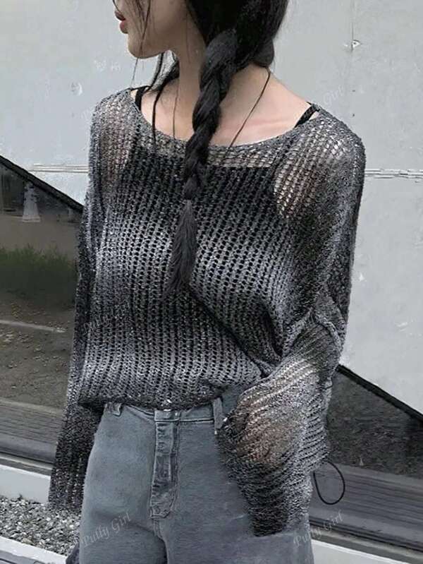 Women Contrast Striped Hollow See-Through Casual Home & Street Photography Summer Knit Cover Up With Long Sleeves