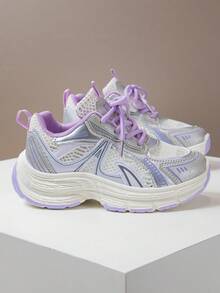 1 Pair Children's Breathable Mesh Casual Sneakers, Girls Lightweight Versatile Chunky Sneakers, Boys Anti-Slip Durable Running Shoes, Spring - Purple - View 5