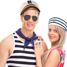 Adjustable Black & White Sailor Cap, Striped Skipper Cap, Striped Scarf, Black Aviator Sunglasses, Unisex Navy Style Costume Accessories, Suitable For Party, Stage Performance, Nurse Cap, Beret, Valentine's Day, Halloween Halloween Decor - Multicolor - View 3