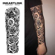 Montre de poche INKARTLINK, motif rose blanche et épineuse, faux tatouage de tatouage de manche humaine, tatouage temporaire floral magique, style gothique, longue durée de 15 jours, imperméable et anti-transpiration, tatouage temporaire pour tout le bras/la manche - Noir - Voir 2