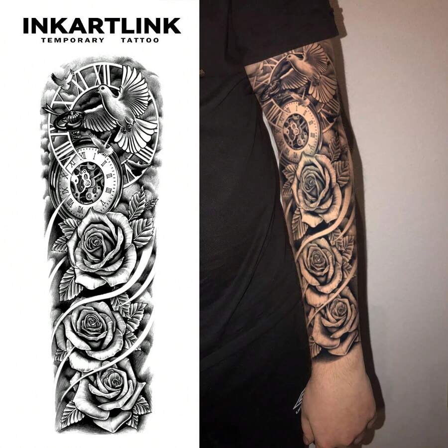 Montre de poche INKARTLINK, motif rose blanche et épineuse, faux tatouage de tatouage de manche humaine, tatouage temporaire floral magique, style gothique, longue durée de 15 jours, imperméable et anti-transpiration, tatouage temporaire pour tout le bras/la manche