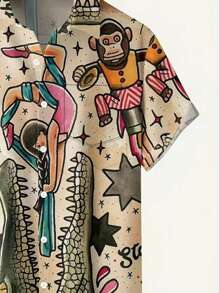 Plus Size Men's Cartoon Monkey Print Casual Single-Breasted Shirt, Summer