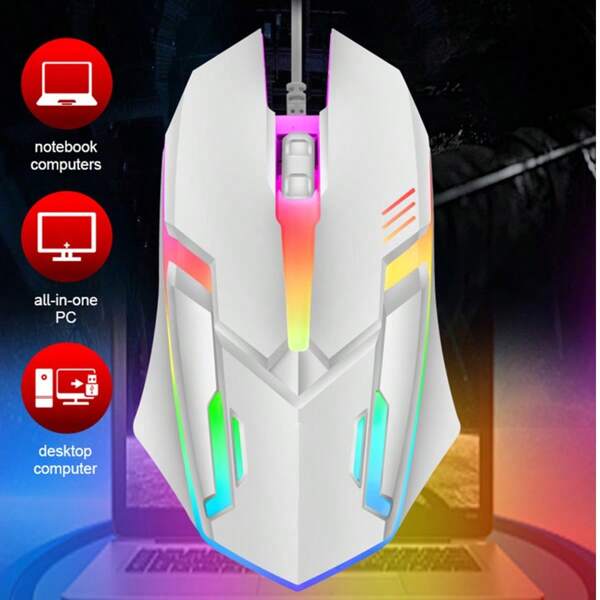 3 Keys Office USB Dazzle Color RGB Light Emitting Wired Gaming Mouse, Comfortable Hand Feeling, 7 Color Breathing Lights, Symmetrical Anti-Slip Side Wing, Large Gear Anti-Slip Scroll Wheel, Mechanical Micro Motion, Ergonomic Design, Suitable For PC/Laptop/Laptop, Gaming Office Universal (White)