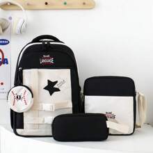 Nuevo juego de cuatro piezas de mochila para la temporada de vuelta al colegio, diseño de color sencillo y lindo con elemento de estrella de cinco puntas de béisbol, mochila de gran capacidad clásica y versátil, apertura de cremallera, plegable, con múltiples bolsillos y compartimentos, que incluye bolsa escolar, bolso bandolera, estuche de lápices y monedero redondo pequeño, mochila juvenil. Bolsa escolar imprescindible, adecuada tanto para niños como para niñas.
